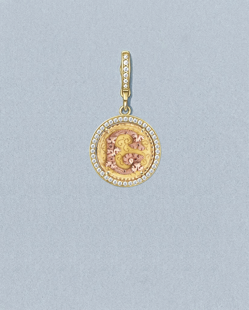 G — gouache rendering of a one-of-a-kind antique love token piece by Heavenly Vices Fine Jewelry