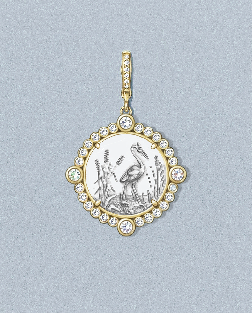 Heron — gouache rendering of a one-of-a-kind antique love token piece by Heavenly Vices Fine Jewelry