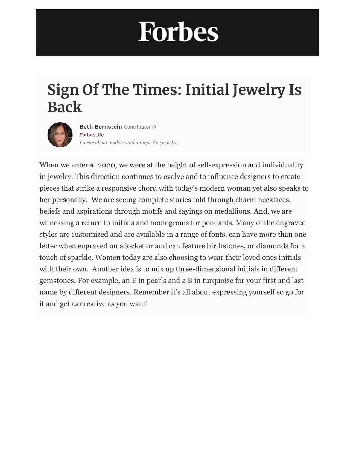 Forbes: Sign Of The Times: Initial Jewelry Is Back